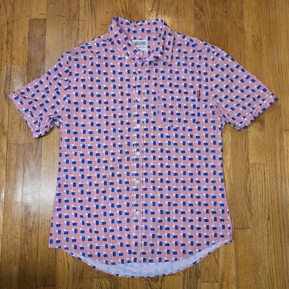 RSVLTS American Flag Print USA 4th July Button Up Short Sleeve Shirt XLarge